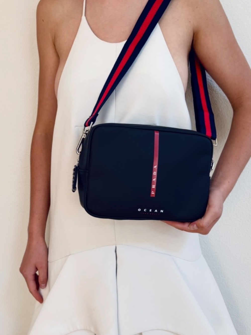PRADA scuba navy blue Crossbody Bag purse with Red Stripe gold LOGO